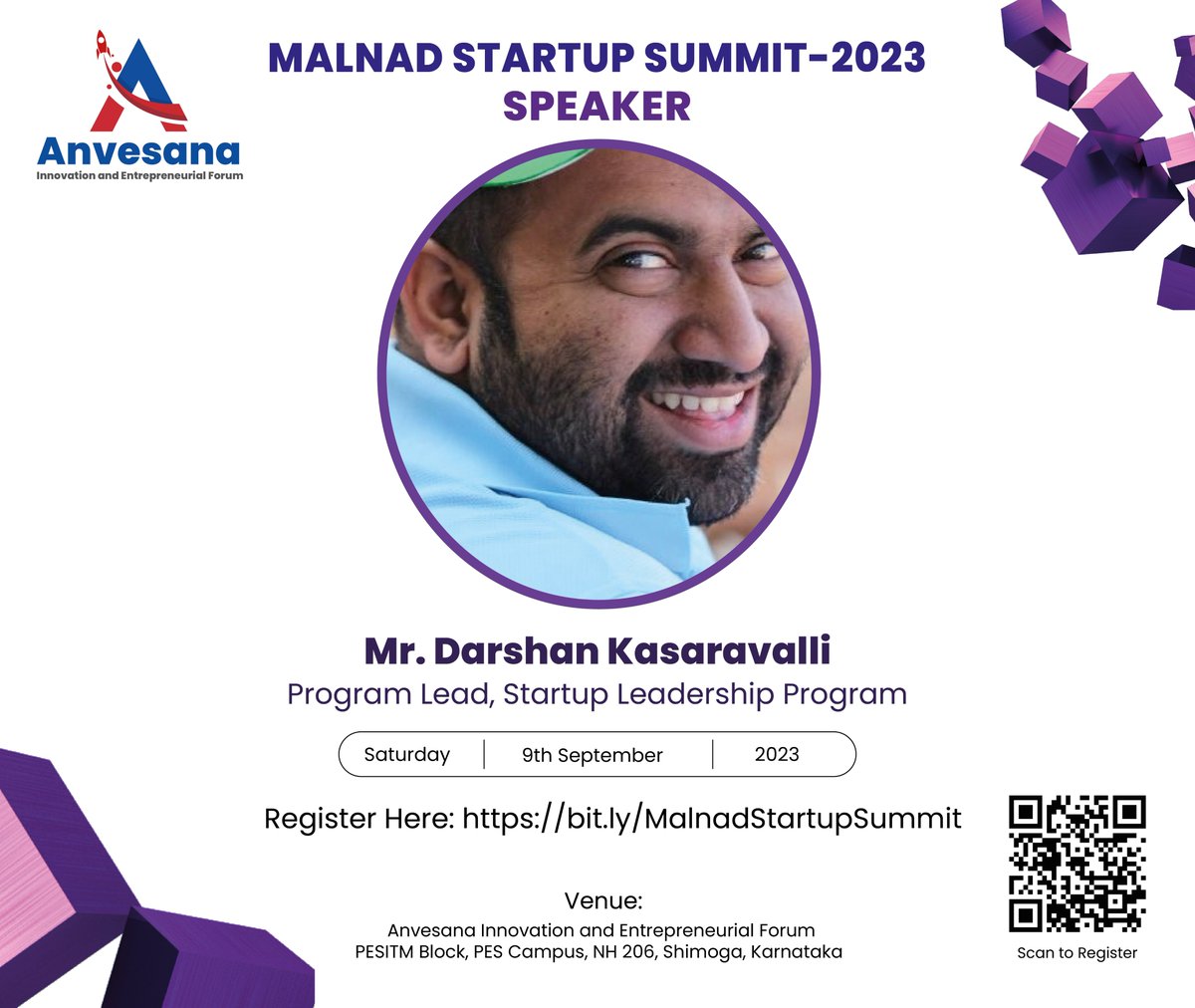 Anvesana_TBI's tweet photo. Exciting news! Mr. Darshan Kasarvali, Program Lead at Startup Leadership Program, will be sharing his insights at the Malnad Startup Summit-2023, PESITM, Shivamogga. Join us for a session that promises to illuminate the path to startup success. https://t.co/QTBtULoxAx