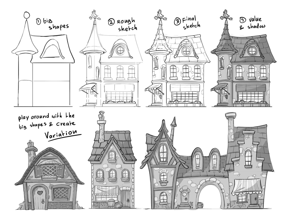 Start with drawing the front view of a building. Start with an as simple shape as possible.