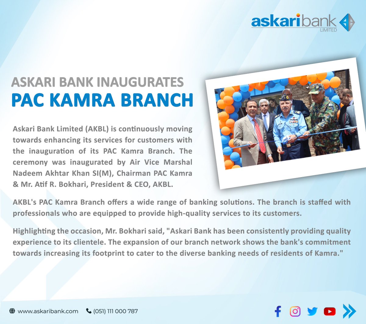 Askari_Bank's tweet photo. Askari Bank Inaugurates PAC Kamra Branch.
#AskariBank #PACKamra #BranchNetwork #BranchOpening #Pakistan #Banking https://t.co/2nUsgqs3gH