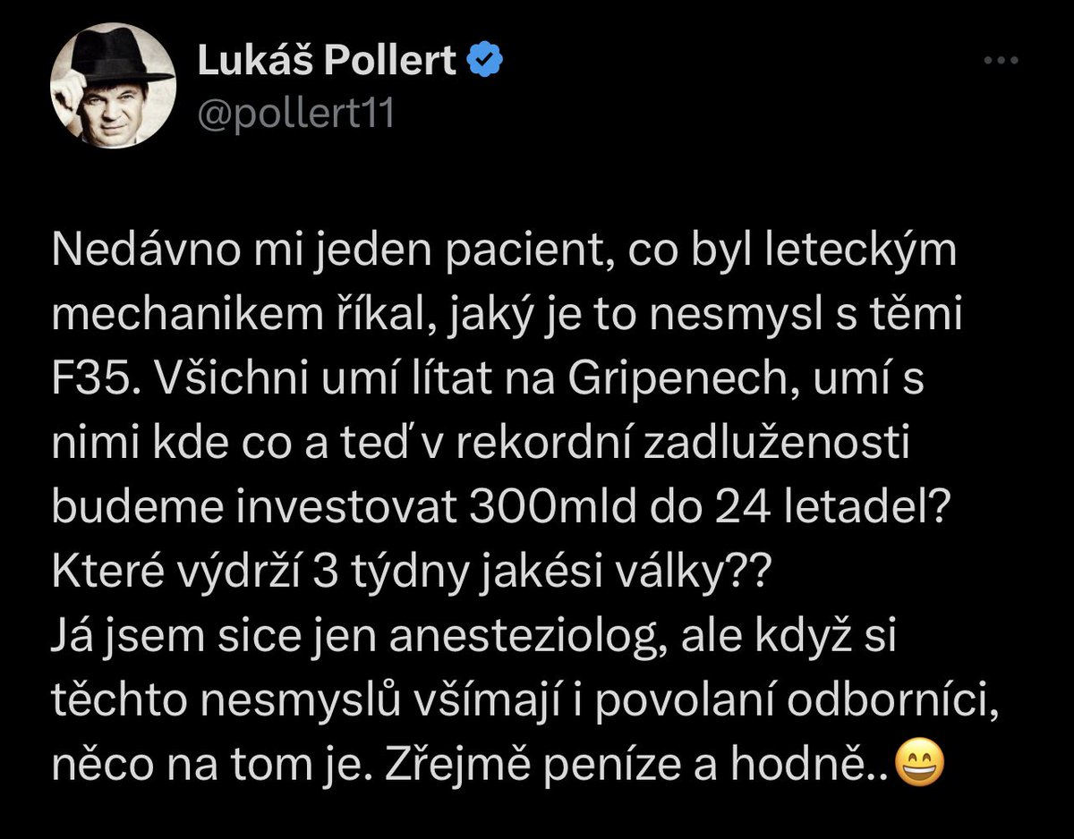 Co to je za obsesi s tema stihackama? Ptam se fakt vazne a ze zajmu. Me by nikdy nenapdlo se verejne vyjadrovat k nakupu stihacek. Stejne jako jsem se nevyjadroval k nakupu tanku nebo lekarskejch pristroju. Je to strasne odborny a komplexni a mimo predstavivost a vubec. A