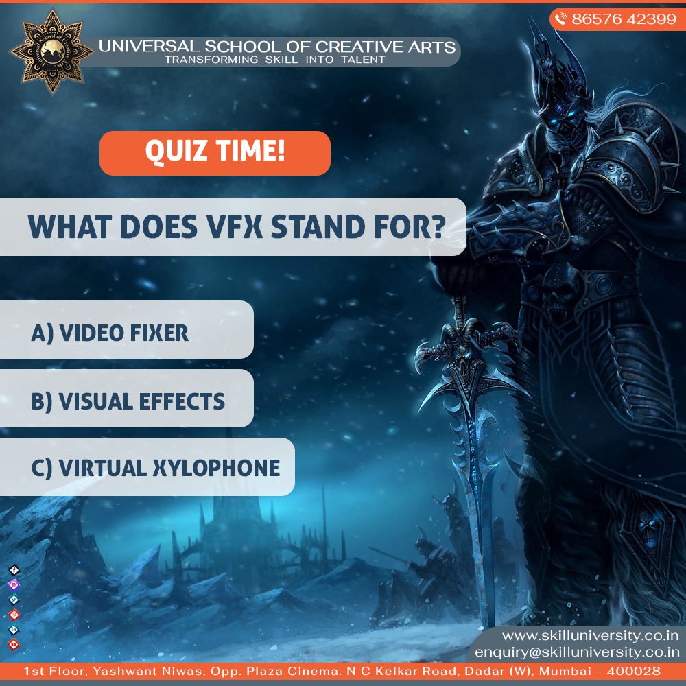 usca_college's tweet photo. Get ready to unlock your inner genius and discover how much you really know about VFX. Tell the answer in the comment and join us for learning VFX.
Visit- https://t.co/EXApdSQnEH
Call- 022-6610 8511
#QUIZTIME #fullformofvfx #VFX #Commenttheanswer #quiz #KNOWLEDGE #question https://t.co/o7xXgmsBjX
