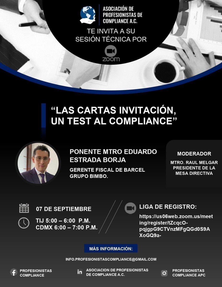 RaulM_D's tweet photo. Visita las redes sociales de Asociación de Profesionistas de Compliance para ver el contenido de esta charla y todos las que estamos
Generando en esta nueva etapa
 https://t.co/2oqKF0vwo1 https://t.co/Xah6XxJ4of