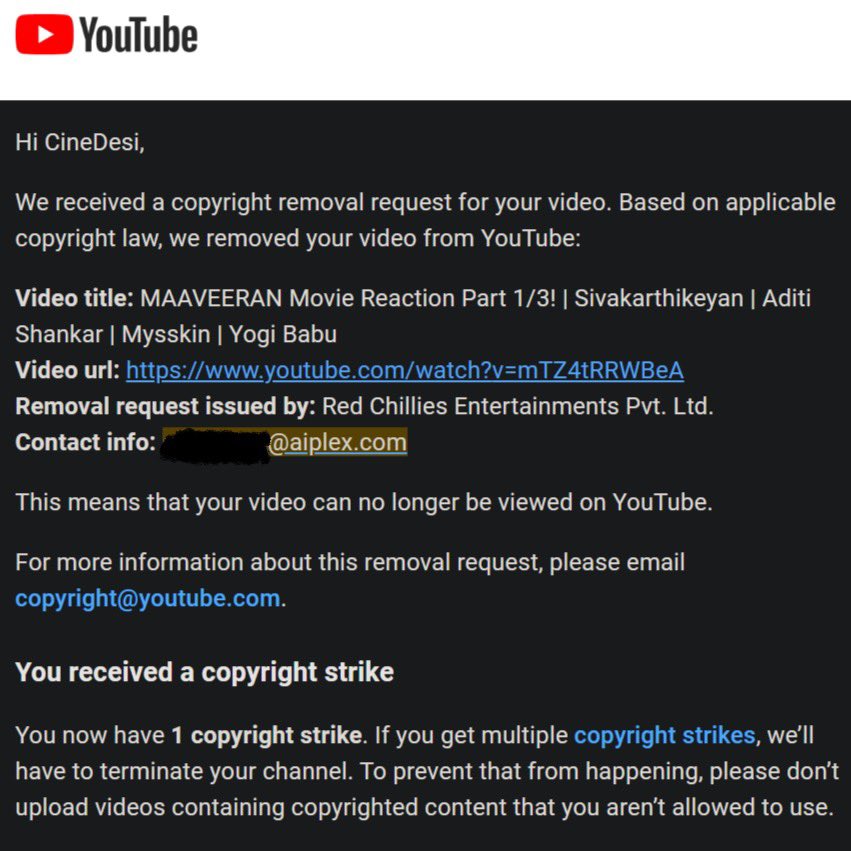 Jaby Koay (@jabykoay) on Twitter photo Dear <a href="/RedChilliesEnt/">Red Chillies Entertainment</a>, we received a copyright strike on your behalf from <a href="/aiplexdigital/">AiPlex Digital</a> for our reaction to Maaveeran. We believe this was done in error as we stay within fair use/fair dealings when making our videos. Please reverse this strike.
๐๐ผ๐๐ผ๐๐ผ๐๐ผ Dear <a href="/RedChilliesEnt/">Red Chillies Entertainment</a>, we received a copyright strike on your behalf from <a href="/aiplexdigital/">AiPlex Digital</a> for our reaction to Maaveeran. We believe this was done in error as we stay within fair use/fair dealings when making our videos. Please reverse this strike.
๐๐ผ๐๐ผ๐๐ผ๐๐ผ