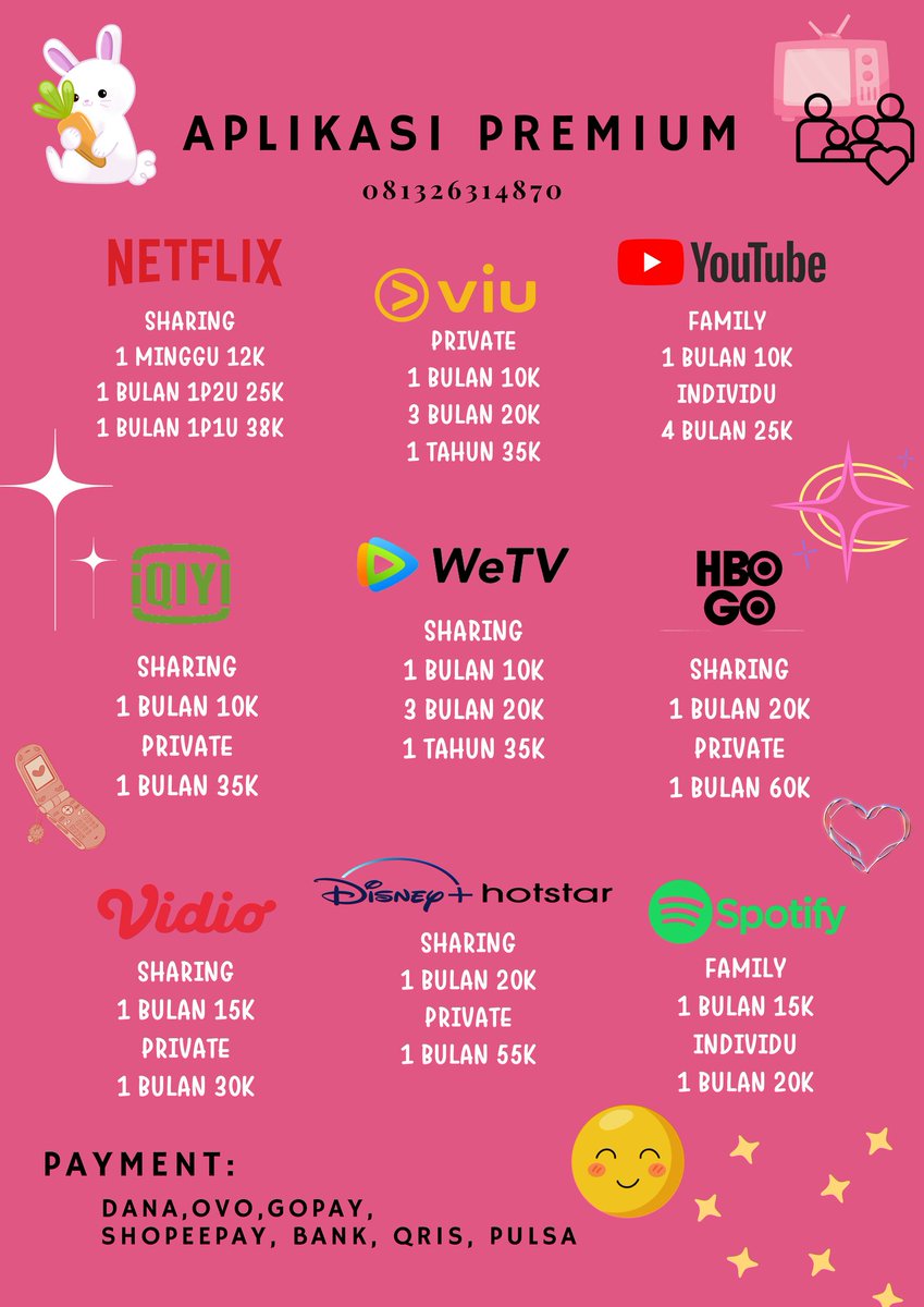 TOKO_NETBLIX's tweet image. Jual Aplikasi Premium Murah

Netflix, Spotify, Disney Hotstar, Viu, WeTV, Youtube, Vidio, Iqiyi, Hbo Go

▫️ Bergaransi
▫️ Amanah

[ #TimnasDay #ATimeCalledYou sleep call prewed batam polisi goblok arawinda cianjur terbayang 9.9 inzaghi putri ariani lyodra ga dana spay promo ]