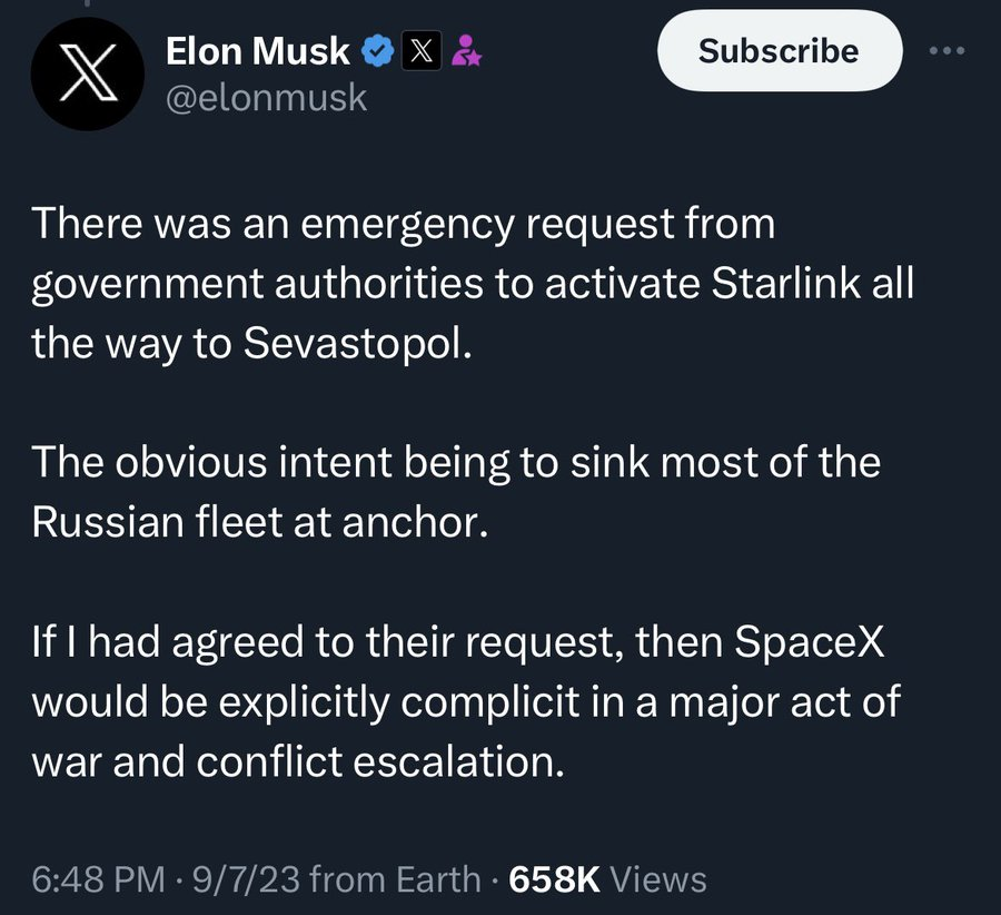Euan_MacDonald's tweet photo. Musk gets to decide U.S. foreign policy, determining himself what actions constitute conflict escalation, and restricting the actions of a U.S. military ally at his own discretion.

Remind me who voted him into power, or which elected official appointed him to such a role? https://t.co/ZLBH0wUejD