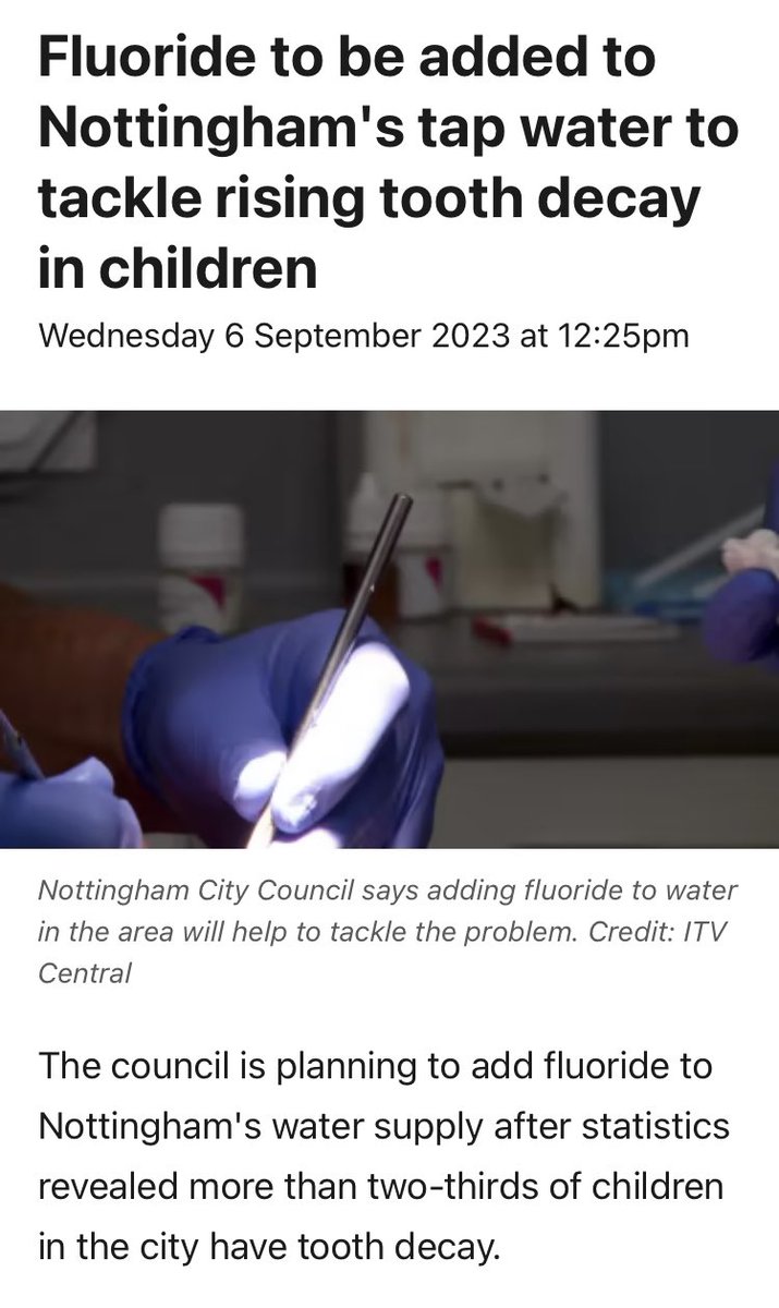 sarahRbakerDPH's tweet photo. Well, well, well  - some good #PublicHealth news to celebrate 💦 🦷 

Nottingham council to add fluoride to tap water to tackle rising tooth decay in children and growing inequalities 

#Dentistry #fluoridation https://t.co/QX6kaCv76f