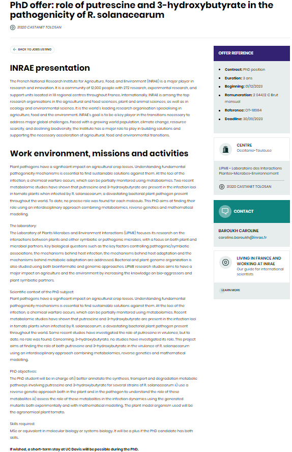 LIPME_Toulouse's tweet photo. [#PhD] We are looking for a PhD student to work on unraveling the role of putrescine and 3-hydroxybutyrate in #Ralstonia solanacearum pathogenicity in #LIPME_RAP team
▶️ Skills required :molecular biology or systems biology
▶️Starting date :1st of December
https://t.co/NsQCJFUOp0 https://t.co/gaeFIlJO0b