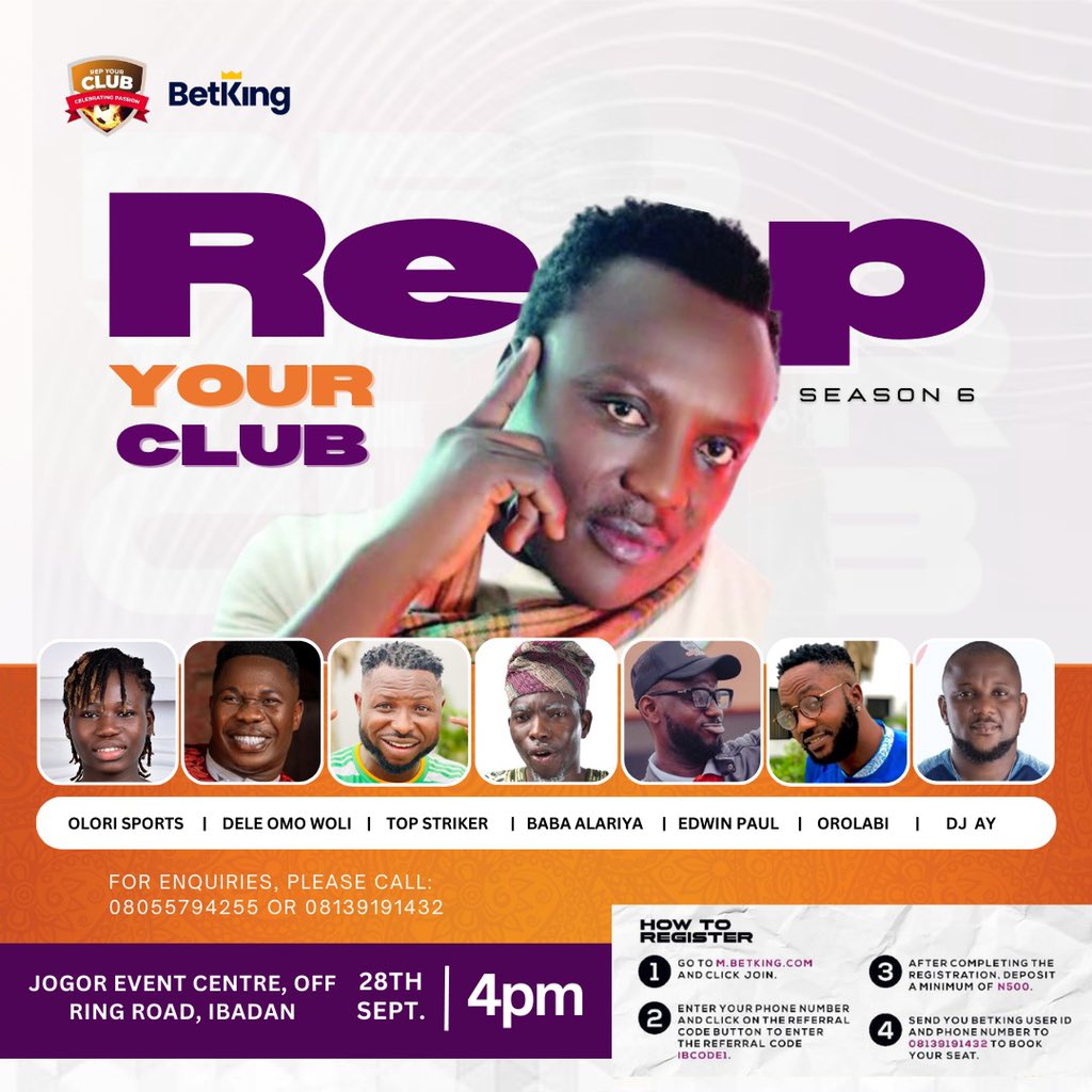 SplashFM1055's tweet photo. Another season of the rep your club is here again,happening live at the Jogor event center,off ring road Ibadan on the 28th of September 2023.
⏰:4pm prompt
Make sure you don’t miss it for anything,tell a friend to tell a friend.
#repyourclubnigeria
#splash1055 https://t.co/fHLKoDr6cv