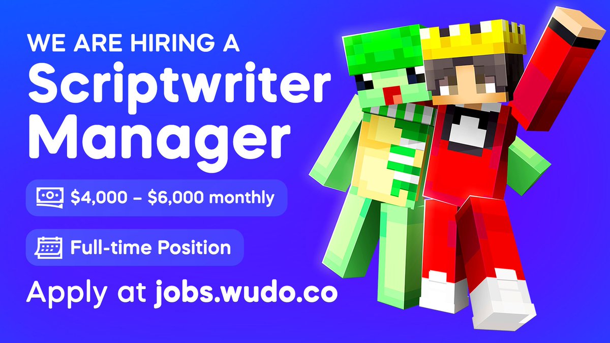 ElaineCamu's tweet image. Fond of  writing Minecraft scripts? Have you led and managed a team of scriptwriters? Then you are the SCRIPTWRITER MANAGER that we are looking for!

Apply at wudo.co/scriptmgmt

#scriptwriter #youtubescriptwriter #Minecraft #minecraftscripts #scriptwritingjobs
