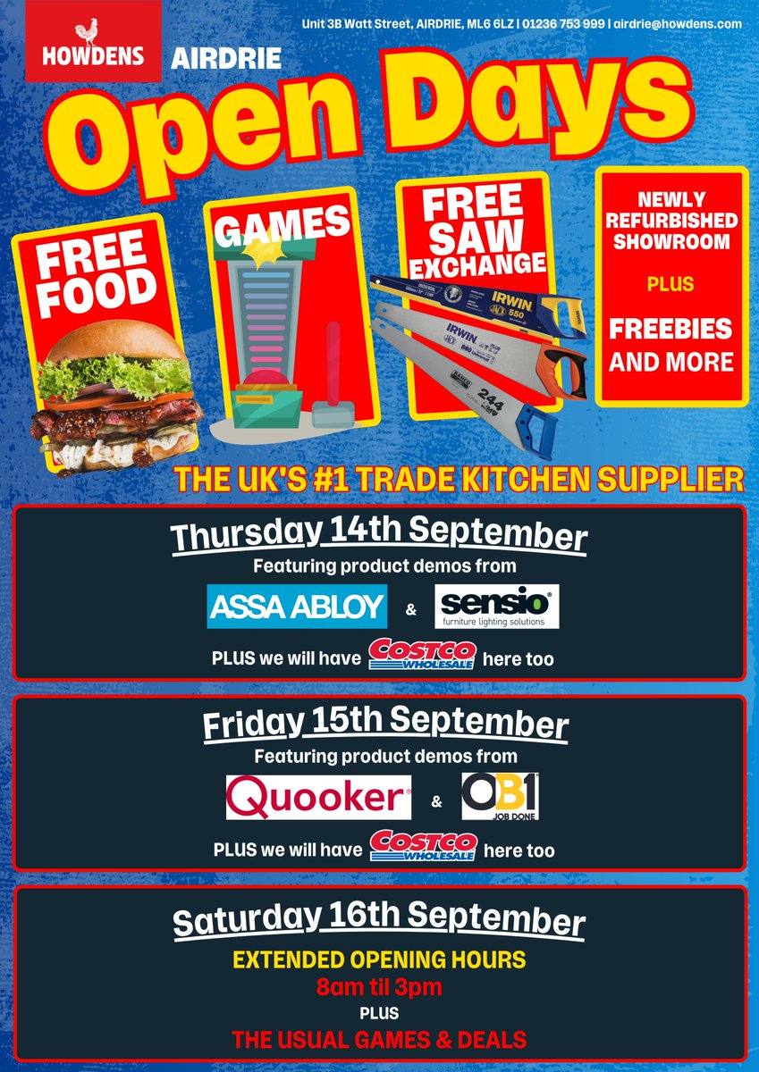 RoosterPromos's tweet photo. FREEBIE ALERT!
Attention ALL. On Thurs 14th, Fri 15th and Sat 16th September, we will be hosting our open weekend here at Howdens Airdrie (Watt Street, ML6 6LZ).

Come and see our NEWLY REFURBISHED Showroom, chat with our friendly knowledgeable staff and grab a bite to eat. https://t.co/1Ypac38P6d