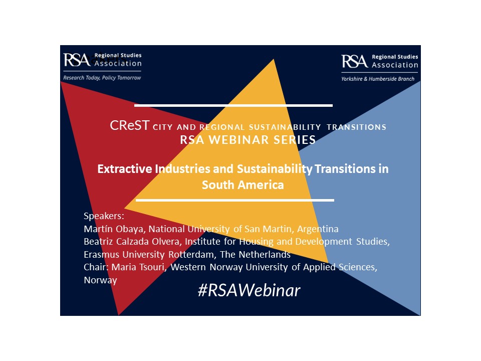 🚨 CREST #RSAWebinar's resume on 21 September - 9am Argentina / 1pm BST / 2pm CEST, starting with: 👉Extractive Industries and Sustainability Transitions in South America 📢 @MartinObaya & Beatriz Calzada Olvera 🪑 @tsouri_maria 💻 bit.ly/crest2023 🤗🔁