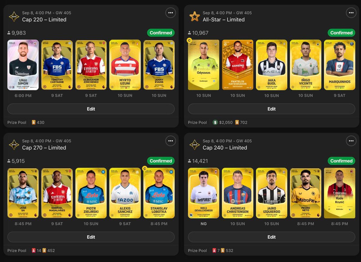 Our new line-ups for #sorare GW 405 (<a href="/Lazy_Soccer/">Lazy_Soccer</a> team). We haven't many options for now, that's why at least 2 GKs will not play. Waiting for Lazy Fantasy mint!