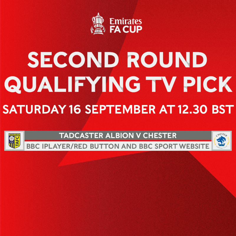 EmiratesFACup's tweet photo. Your TV pick for the #EmiratesFACup second round qualifying has been made! 🤩

@TadcasterAlbion 🆚 @ChesterFC will be available to watch via @BBCiPlayer, Red Button and @BBCSport! 📺