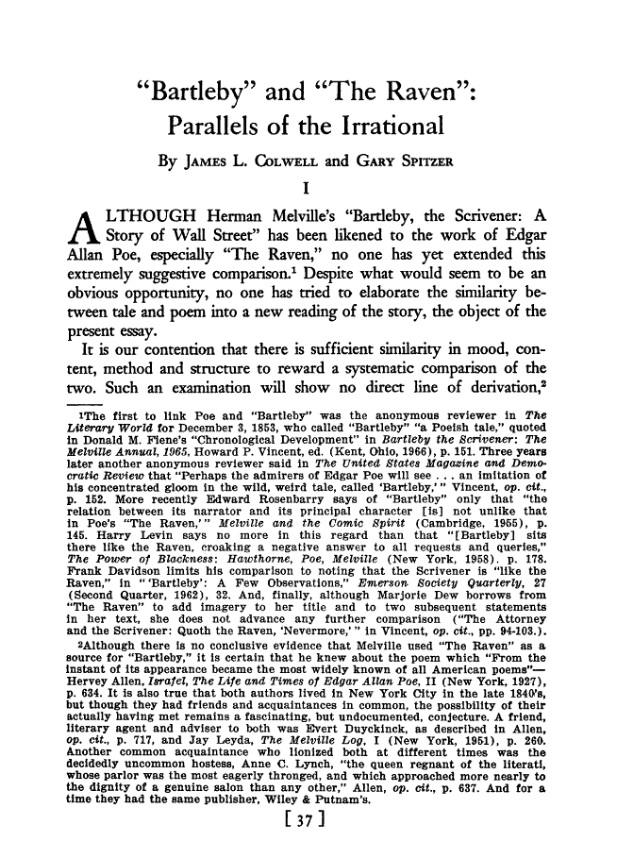 CarlosOlivoV's tweet image. Cuando crees que eres el primero al que se le ha ocurrido relacionar «Bartleby» de Melville con «El Cuervo» de Poe y te enteras de que un par de pavos ya escribieron un artículo sobre eso en 1969 y que para entonces otros lo habían dicho 😥😪
#EdgarAllanPoe #Melville #Bartleby