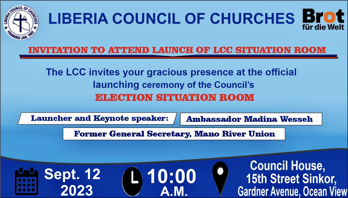 Ahead of 🇱🇷’s 2023 presidential and legislative election, LCC to launch its Elections Situation Room. The LCC ESR is an information hub for the churches and shall receive data from 20 trained campaign monitors and 300 Election Day Observes deployed in the 15 counties of Liberia.