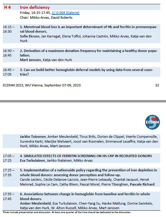 frcbsresearch's tweet photo. @miarvas @Veripalvelu chairing Iron deficiency session at 5th European Conference on Donor Health and Management #ECDHM 2023 and his team members Sofie Ekroos, @EsaTurkulainen and Jarkko Toivonen presenting new results! 🥳 #bloodserviceresearch #blood_donors #ferritin https://t.co/k27S4VKjCa