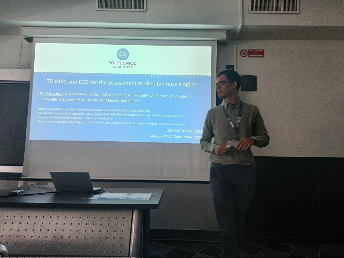 Great work of our PhD Marco Nabacino presenting the #trajectoreage project at #CMD30 #FisMat. #muscle #aging assessment with TD #nirs and #dcs

#fnirs
<a href="/re_re84/">Rebecca Re</a>  <a href="/PorcelliSimone/">Simone Porcelli</a> <a href="/andreapil8/">andreapil8</a> 
@fisipolimi #politecnicodimilano #unipv #uniparma <a href="/CNR_IFN/">CNR - IFN</a>