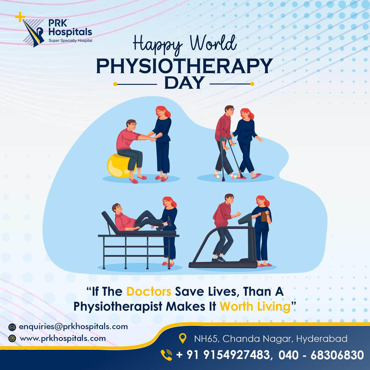 On the occasion of World Physiotherapy Day, Prk Hospitals honors and celebrates the contribution of our physiotherapists to society.

 #prkhospitals #prkhospitalshyderabad #worldphysiotherapyday #physiotherapycare #besthospitalforphysiotherapy #besthospitalnearme