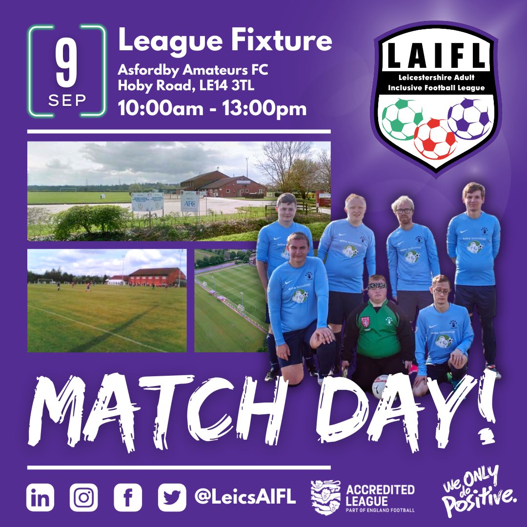 🚨MATCH DAY!! ⚽️🤩

Who’s ready for our first fixture of the season?

@AsfordbyAALGIFC host the first match day of the season and we’re looking forward to seeing you all there.

#LeicsAIFL #DisabilityFootball #InclusiveFootball #ParaFootball #Leicestershire