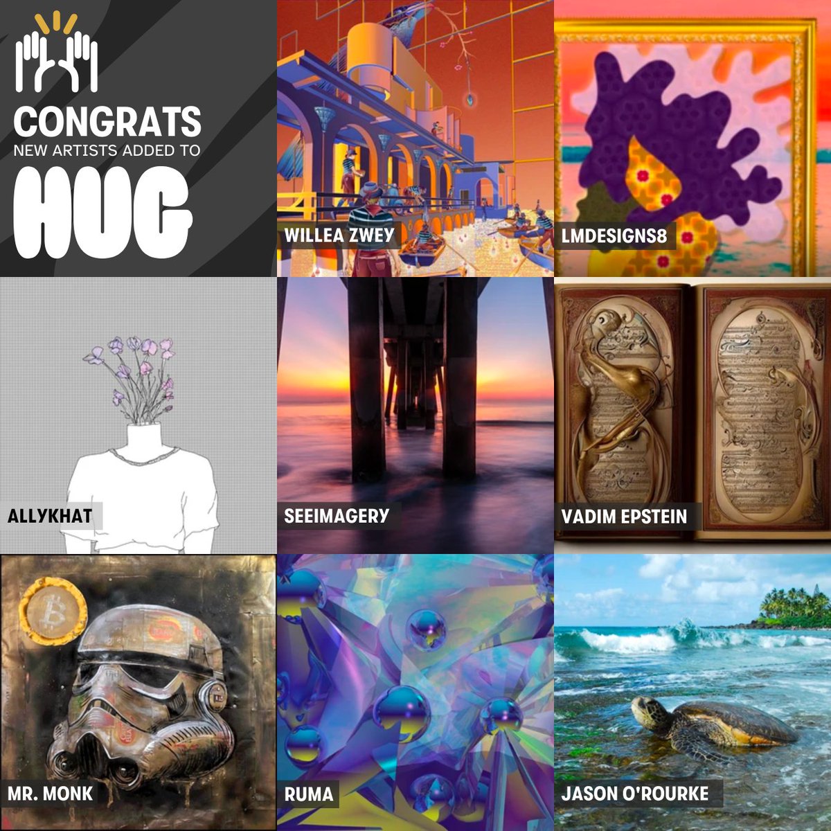 theHUGart's tweet photo. Roll out the red carpet and say hello to the latest artists curated onto HUG 🤗

@sergis_adamos
@willzwey
@lmdesigns8
@allykhat328
@seeimagery
@eps696
@mrmonkx
@rumadigipioneer
@jasonophoto

We can't wait to help you go further, faster on your journey as an artist ✨ https://t.co/sRbgTk7e9G