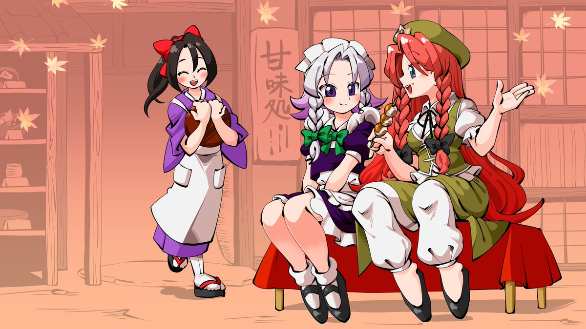 hong meiling ,izayoi sakuya multiple girls twin braids 3girls red hair braid japanese clothes hat  illustration images