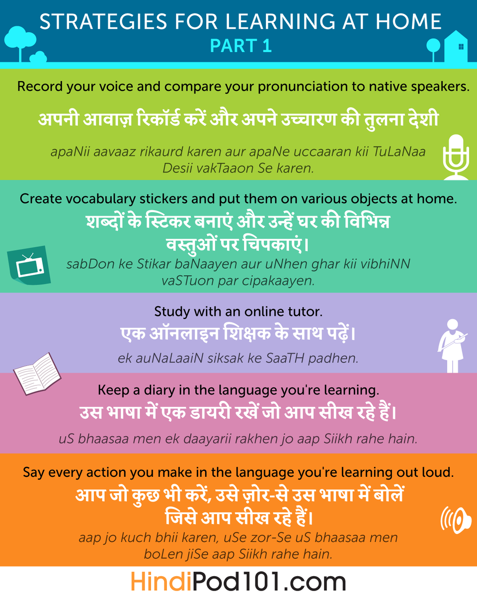 HindiPod101's tweet photo. Strategies for Learning at Home 🏡 PS: Learn Hindi with the best FREE online resources, just click here https://t.co/NCXrozuO0I https://t.co/Z2gI6NPM3s