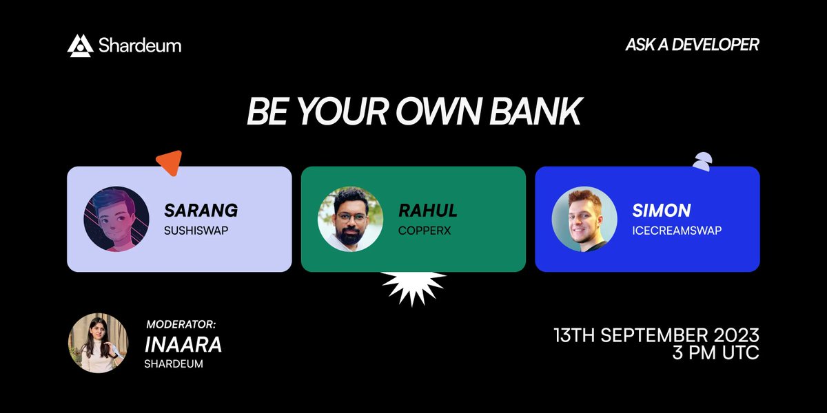 shardeum's tweet image. #AskADeveloper: DeFi 🏦
Decode the in & out peer-to-peer finance including payments, swap, lending, borrowing & staking with developers:
🎙️ @sarangparikh22, @SushiSwap
🎙️ @rahulkalkani, @CopperxHQ
🎙️ Simon, @icecream_swap
Tune in 👉 x.com/i/spaces/1OyJA…