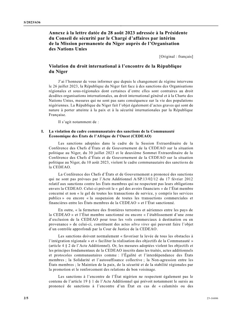 alissaley's tweet photo. #Niger #NigerTransition #ONU Une lettre du chargé d'affaire par intérim de la mission du Niger à l'ONU pour alerter le Conseil de Sécurité pour dénoncer la violation du droit international contre le Niger par la #cedeao et la #france
@ecowas_cedeao @JTAtv5monde @France24_fr @RFI https://t.co/bvyBmruQr6