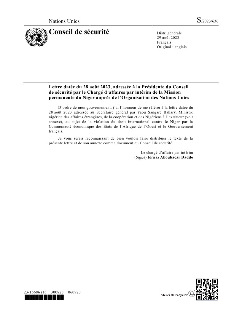 alissaley's tweet photo. #Niger #NigerTransition #ONU Une lettre du chargé d'affaire par intérim de la mission du Niger à l'ONU pour alerter le Conseil de Sécurité pour dénoncer la violation du droit international contre le Niger par la #cedeao et la #france
@ecowas_cedeao @JTAtv5monde @France24_fr @RFI https://t.co/bvyBmruQr6