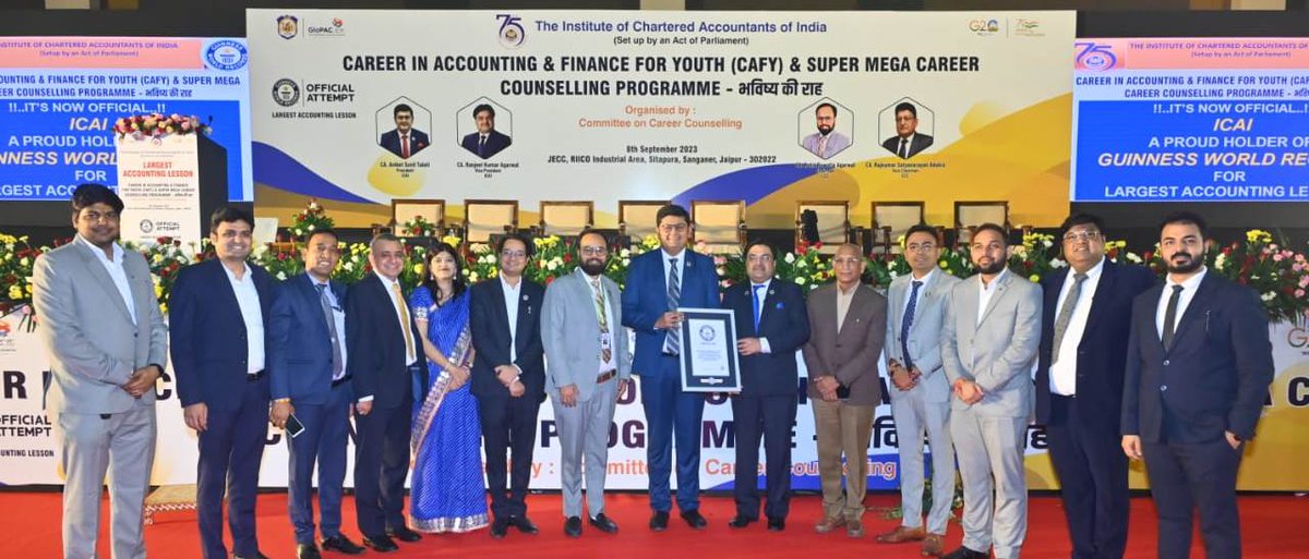 theicai's tweet photo. ICAI is proud of being bestowed the honor by M/s Guinness World Records for being the World Record Holder for the Largest Accounting Lesson. Seen here with Record Certificate is CA. Aniket S. Talati, Pres.-ICAI, CA. Ranjeet K. Agarwal, VP-ICAI &amp; CCMs-ICAI at Jaipur on 08.09.2023 https://t.co/XYxqSYRVYX