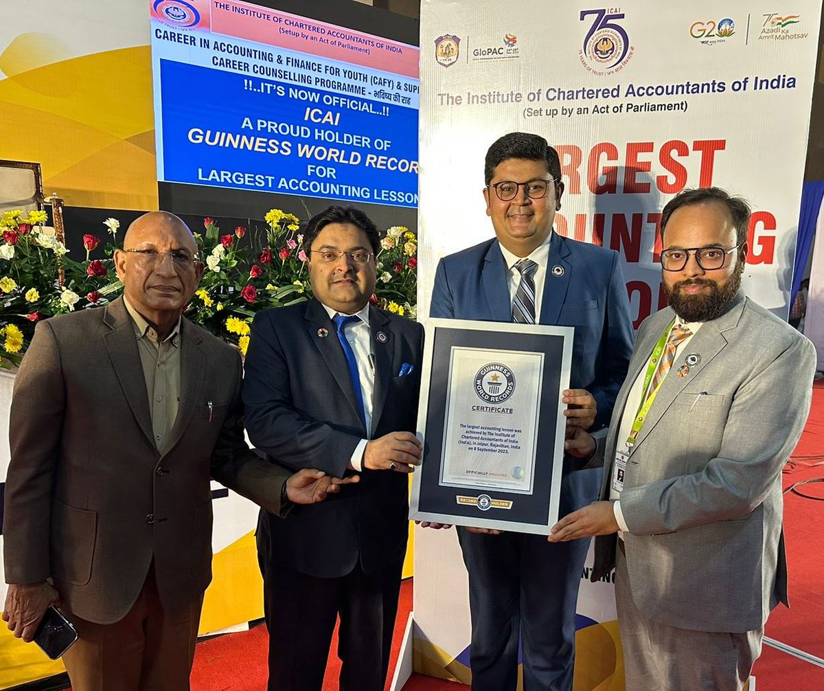 theicai's tweet photo. ICAI is proud of being bestowed the honor by M/s Guinness World Records for being the World Record Holder for the Largest Accounting Lesson. Seen here with Record Certificate is CA. Aniket S. Talati, Pres.-ICAI, CA. Ranjeet K. Agarwal, VP-ICAI &amp; CCMs-ICAI at Jaipur on 08.09.2023 https://t.co/XYxqSYRVYX