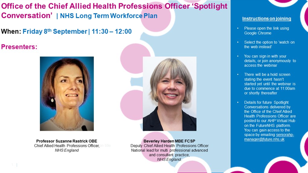 What an energising & insightful conversation @SuzanneRastrick @BeverleyHarden on #LongTermWorkforcePlan & its opportunities for all #AHPs

The recording of this 1st #Spotlight Conversation will be uploaded at the AHP hub @FutureNHS within the next 5 working days.

#AHPsDeliver