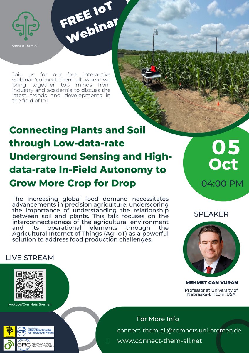 ComNetsBremen's tweet photo. Let's begin the new semester with an interesting talk on the application of IoT in Agriculture by Prof. Mehmet Can Vuran.

Save the date!!

#connectthemall #freeiotwebinar #iot https://t.co/DleqPDT0cg
