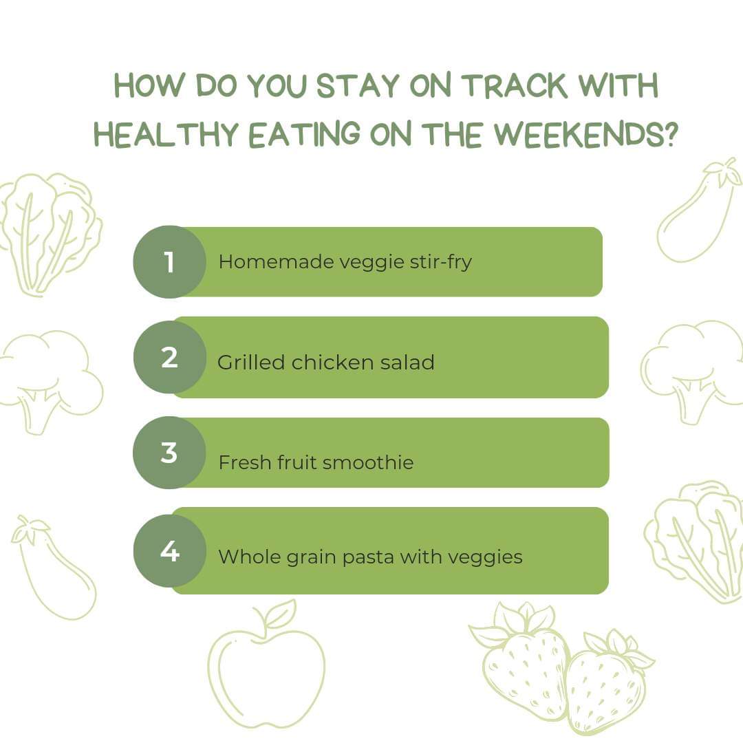 🌱🍴 Weekend Eats: How do you stay on track with healthy eating on the weekends? Choose your go-to option! 🤔

#HealthyWeekend
#CleanEating
#WeekendFuel
#HealthyChoices
#Nutrition
#WellnessJourney
#HealthyHabits
#BalancedDiet
#HealthyRecipes
#FoodForFuel
#VeggieDelight
