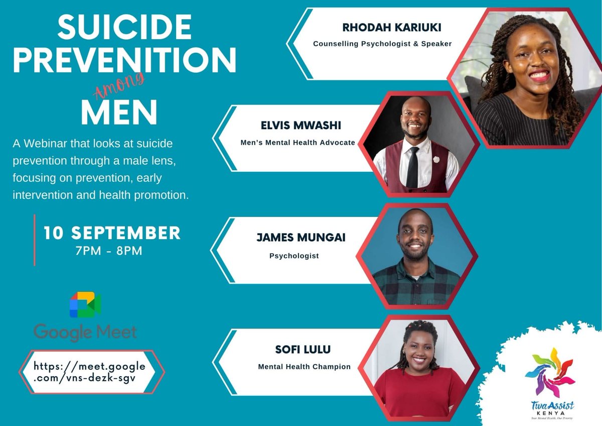 This Sunday 10th if September is #suicidepreventionday, celebrate this day by joining us to get more information about #suicide among men in and get to hear live testimonies from people who have battled suicide. Join us at 7pm on meet.google.com/vns-dezk-sgv
#SuicidePreventionMonth