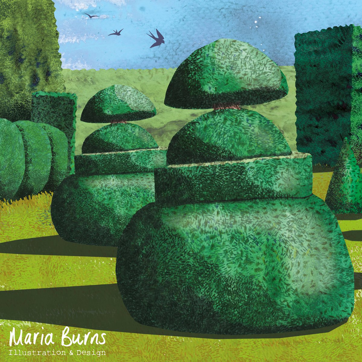 This illustration was published in The English Garden magazine in June to accompany a column about garden shadows. I love the strong shapes and shadows that you find in a topiary garden and I wanted to capture the texture too. 

#illustration #illustrator  #topiarygarden #topiary