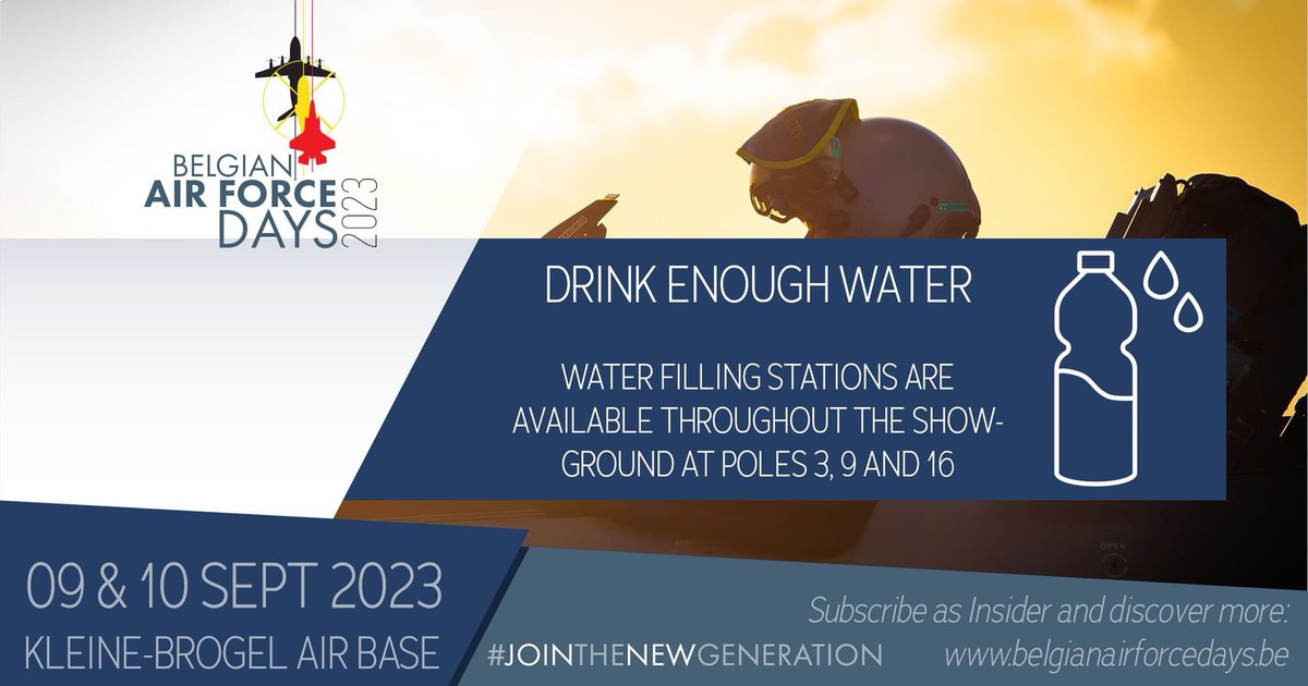 Make sure to drink sufficient water. Filing stations have been opened at 4 locations on showground.
You can fill your drinking bottles at poles 3, 9 and 16. Locations can be found via belgianairforcedays.be/en/visitor-inf… #jointhenewgeneration #BAFDays #BAFDays2023 #BAFDays23 #BAFD2023