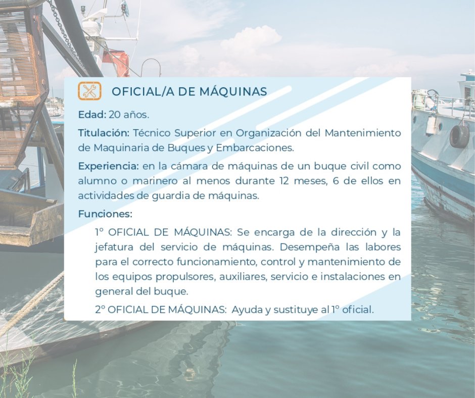 haztedelmar's tweet photo. ¿Sabes cuáles son los requisitos para ser oficial de máquinas? Anota 👇🏻

(Acción patrocinada por Xunta de Galicia y el #FEMPA)

#HaztedelMar #OPPF4 #Pesca #Empleo #Formación https://t.co/VCPD5J0XZa