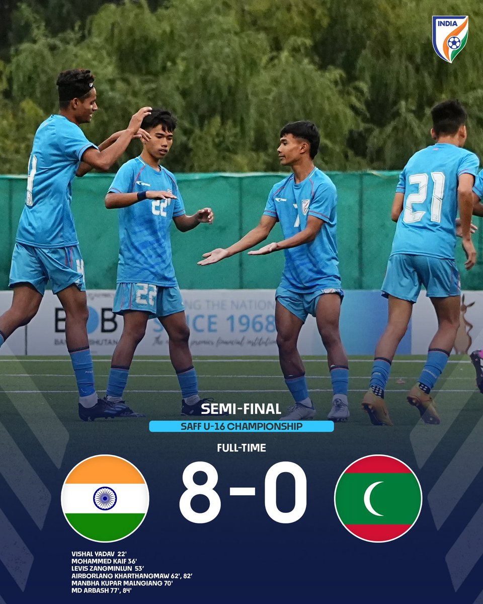 IndianFootball's tweet photo. 💙🇮🇳 WHAT A WAY TO ENTER THE FINAL 🤩 🚀

#INDMDV ⚔️  #U16SAFF2023🏆 #BlueColts 🐯#IndianFootball ⚽ https://t.co/yhAxv9MZmS