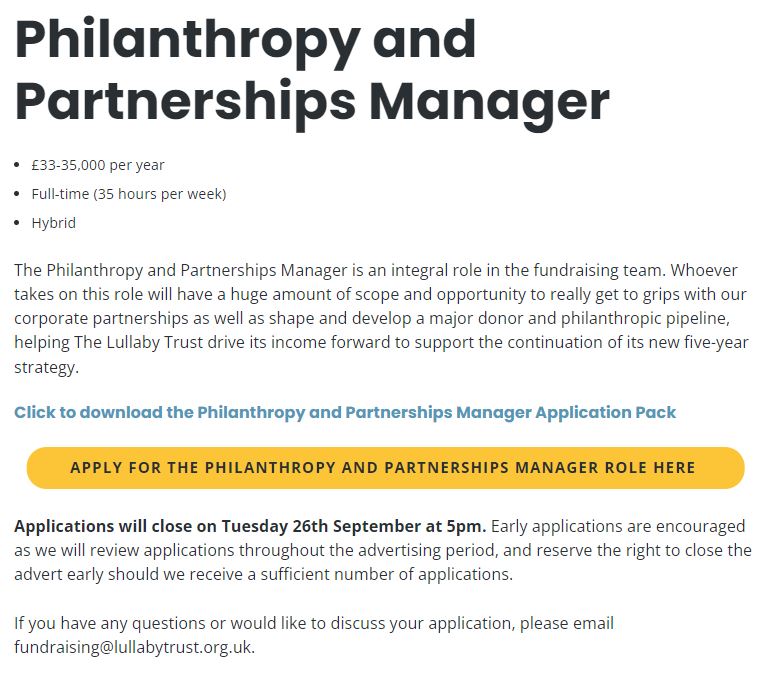 LullabyTrust's tweet photo. ⚜️We're hiring⚜️ Our fundraising team is looking for someone to care for our wonderful corporate partners &amp; our generous high net worth donors. These income streams help ensure the sustainability of our work; preventing SIDS and supporting families. Apply: https://t.co/cUg636EqiB https://t.co/0d5djqWmR9