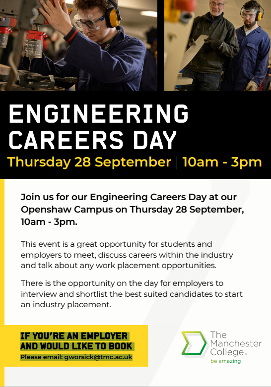 AyubMoosa2's tweet photo. Join us for our Engineering Careers Day at our  Openshaw Campus on Thursday 28 September,
  10am - 3pm. https://t.co/TVQSZpaATS