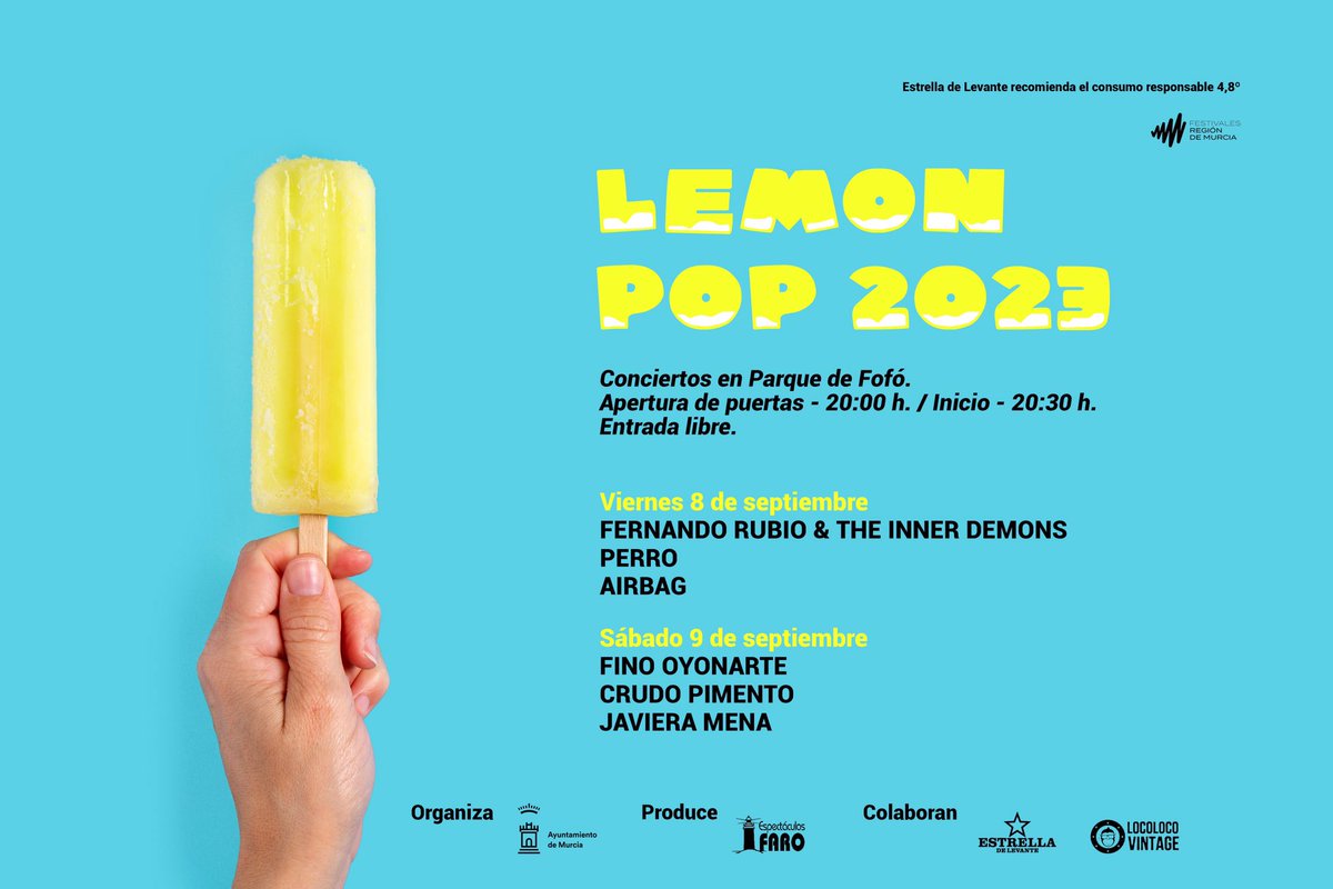 Y estos son los conciertos de hoy y mañana en el #parquefofó. A partir de las 20:30 h y con entrada libre:

V 8 sep: #FernandoRubio &amp; The Inner Demons + <a href="/Perromusica/">PERRO</a> + <a href="/mondoairbag/">Airbag</a> 

S 9 sep: <a href="/OyonarteFino/">Fino Oyonarte</a> + <a href="/CrudoPimento/">Crudo Pimento</a> + <a href="/javieramena/">.</a> 

#lemonpop #conciertosmurcia #festival