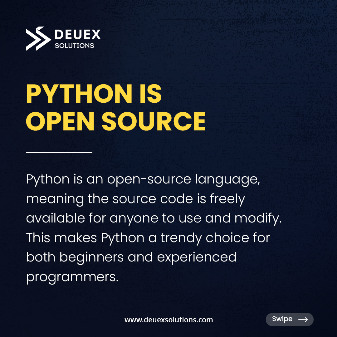 DeuexSolutions's tweet image. Did you know these 3 fascinating facts about Python? 🤯
At Deuex Solutions, we harness Python's power to create efficient, scalable solutions.
Let's innovate together!
.
.
#PythonExperts #DeuexSolutions #PythonFacts #CodingTrivia #OpenSource #programminghistory