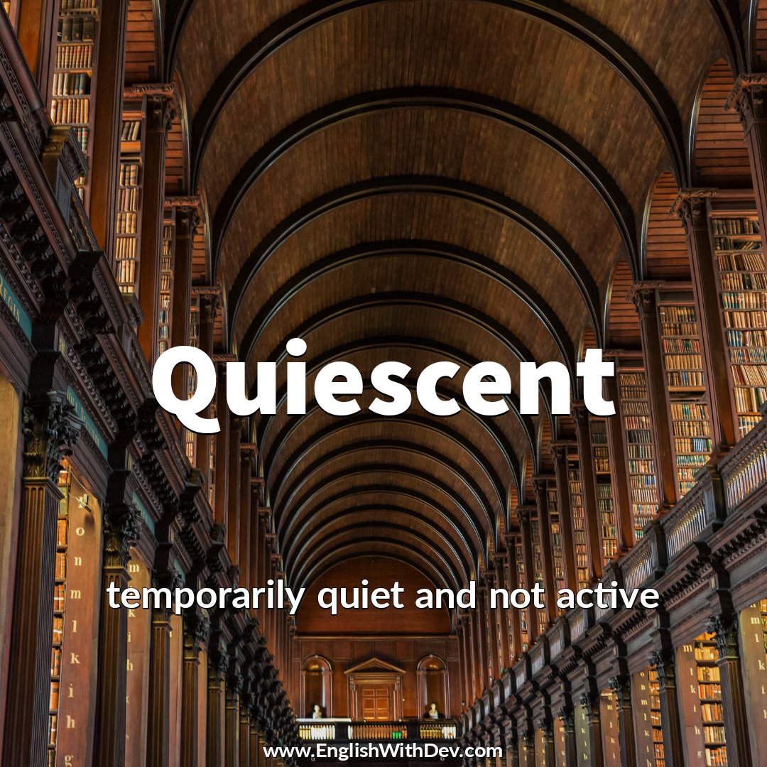 EnglishwithDev's tweet photo. Quiescent - temporarily quiet and not active
🗣️ /kwiˈes.ənt/
Example - The political situation was now relatively quiescent.
#EnglishWithDev #learnenglish #wordoftheday #Quiescent #learning #english #ingles #englishlesson #englishclasses #spokenenglish #learnwords https://t.co/Fd8yayBm1s