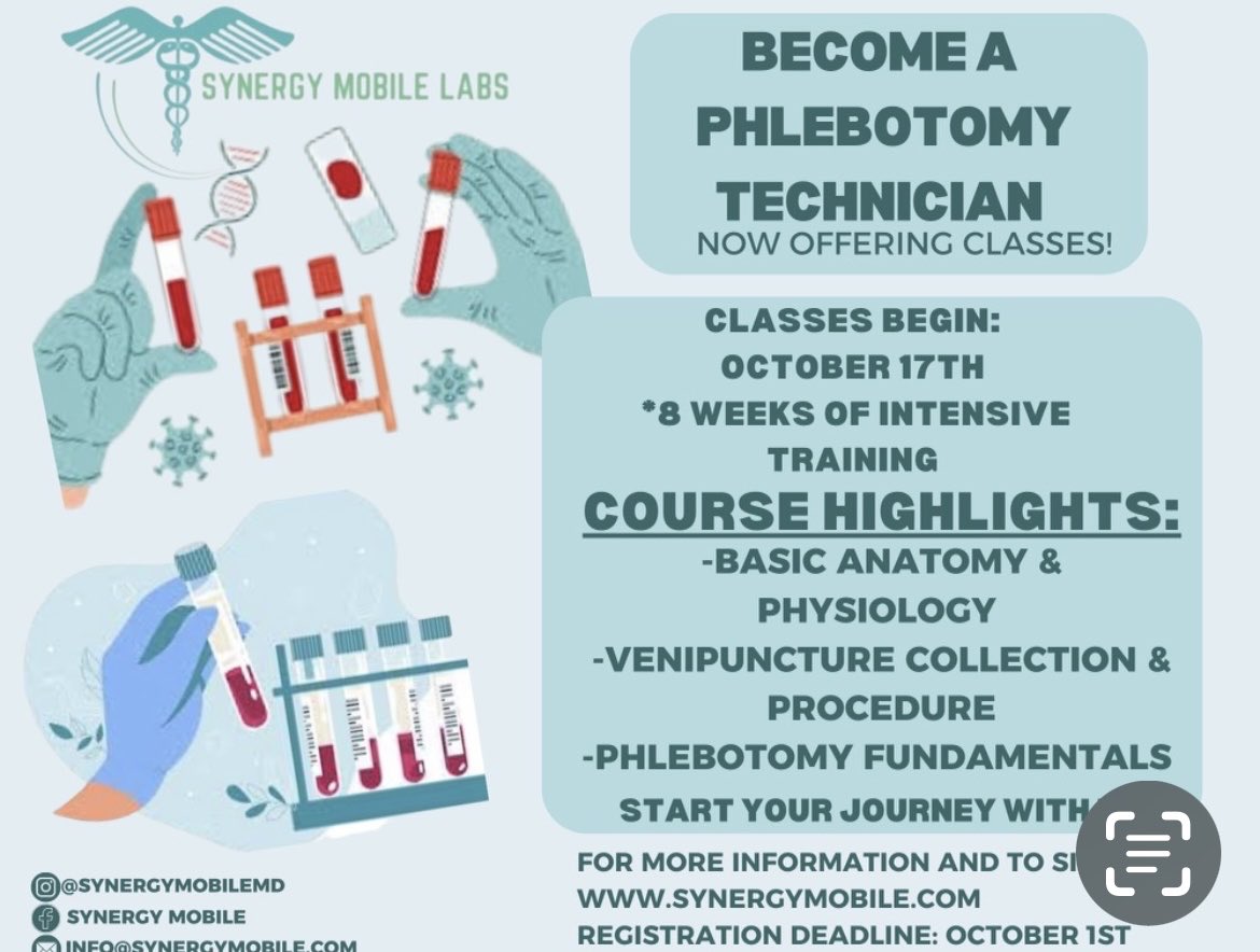 Tracey64666258's tweet photo. Registration is open for phlebotomy classes! 💉🧪

Invest into yourself FRIDAY! 🎉🎉🎉

* You need more information? No problem. 
*  You need a payment plan? No problem.

The first three people will get 10% if you register this weekend‼️

Email us: Info@synergymobilelabs.com https://t.co/Zj42ApV11e