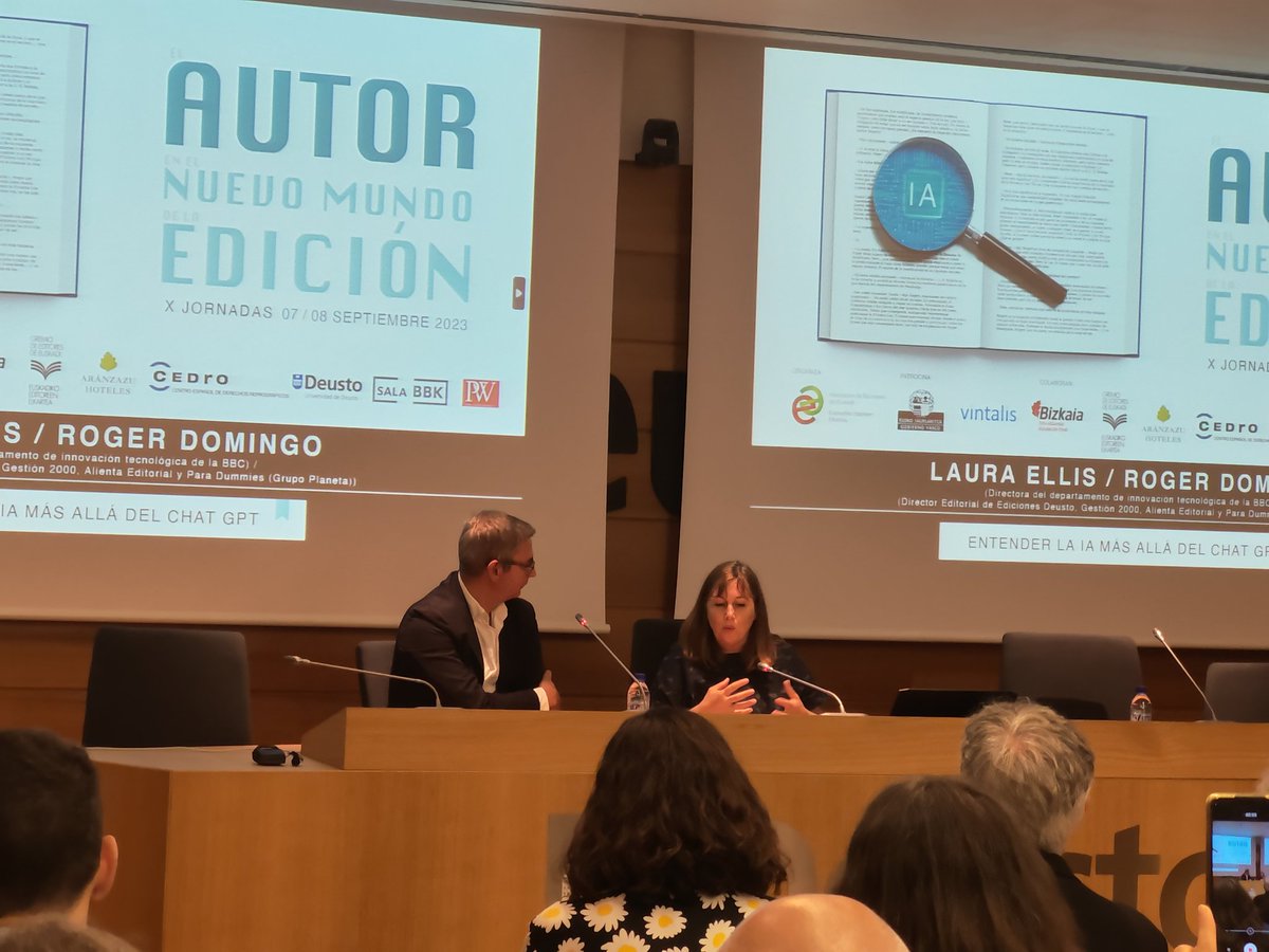 javiercelaya's tweet photo. Descubriendo las lecciones aprendidas por la cadena BBC en el uso de inteligencia artificial en la conversación de @laura_ellis con @RogerDomingo en las jornadas de @AEEEIE en @deusto @BBC_News_Labs #autor23 https://t.co/2vWA4ddlVR