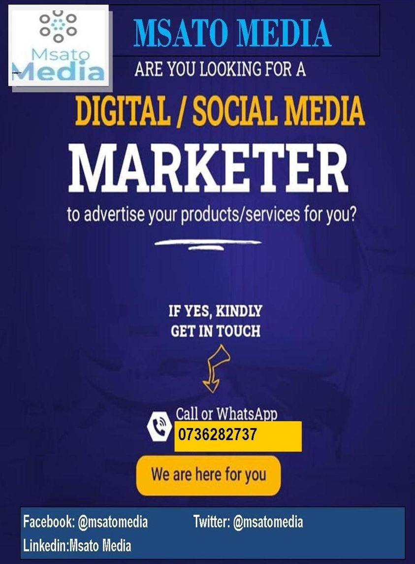 msatomedia's tweet image. Do you have a business that you would want to reach Customers for your Products and Services?
Take this opportunity and wait for the phone calls and emails from Customers that want your Products and Services.
Contact Us Today
Email: msatomedia@gmail.com
Phone: +254736282737
