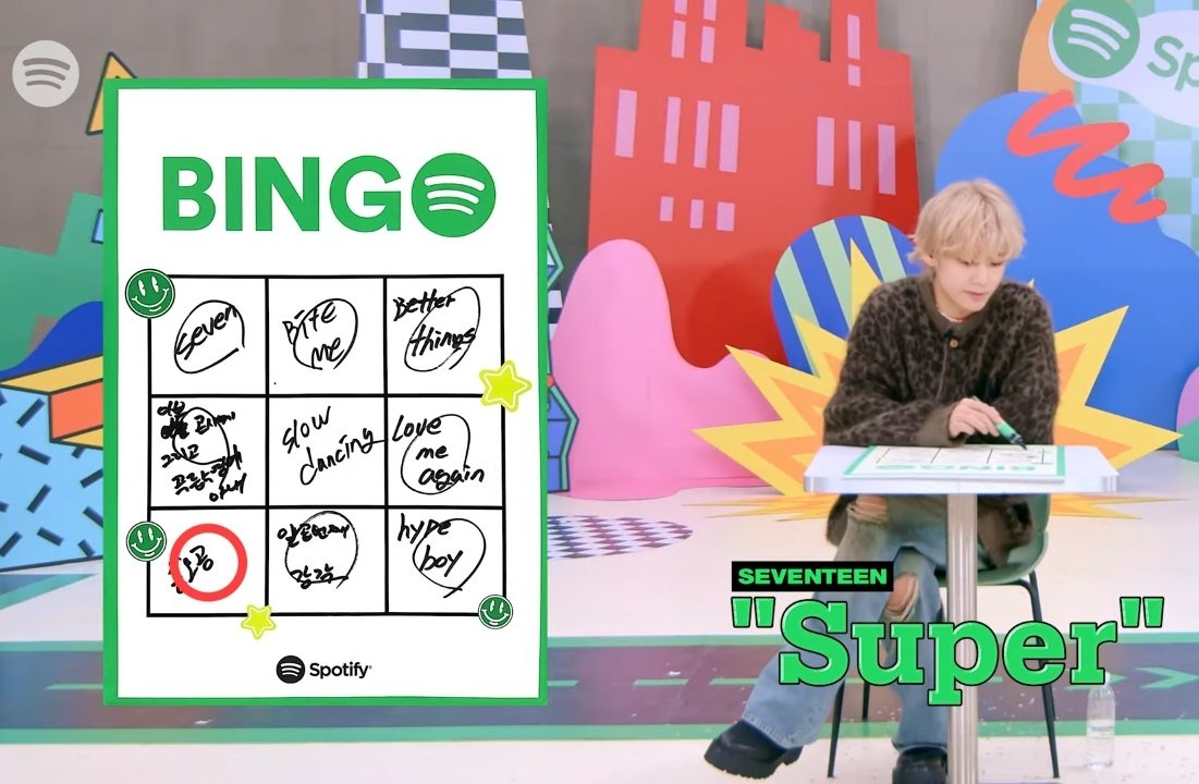 bunnyjjk13's tweet photo. TAEHYUNG WROTE 'SUPER' FOR HIS SPOTIFY BINGO 😭😭😭 https://t.co/NiDh0AZ9PG