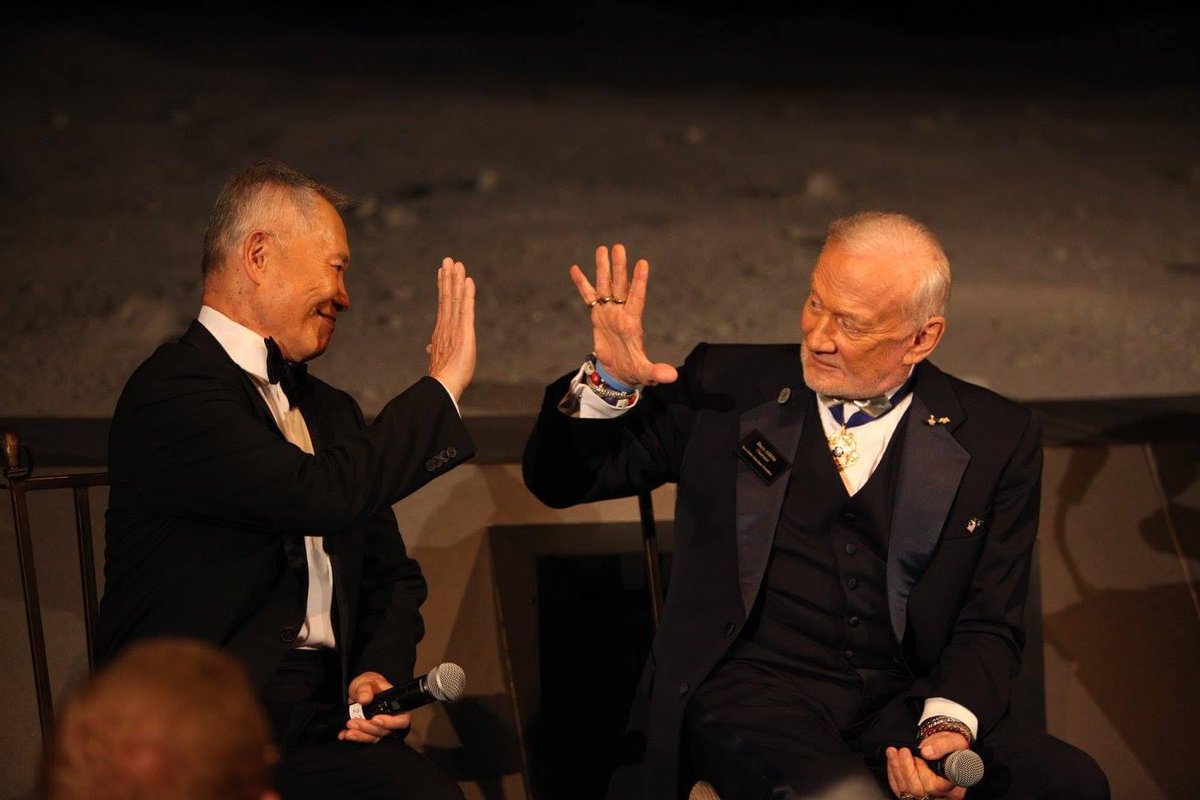 TheRealBuzz's tweet photo. Today is #StarTrekDay…a day to recognize its television debut on September 8, 1966. Over the years I’ve gotten to know many of the actors. Here I’m with George Takei, aka Hikaru Sulu, where he helps me with my Vulcan salute. 🖖 Have a great Friday everyone and “Boldly Go Where No Man Has Gone Before”.