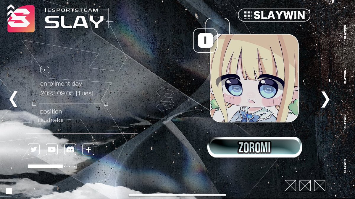 【お知らせ】

  2023年9月5日より〈 ぞろみ 〉が 
“Slay”へ 絵師 として加入致しました。

ぞろみ《 @_3irO 》